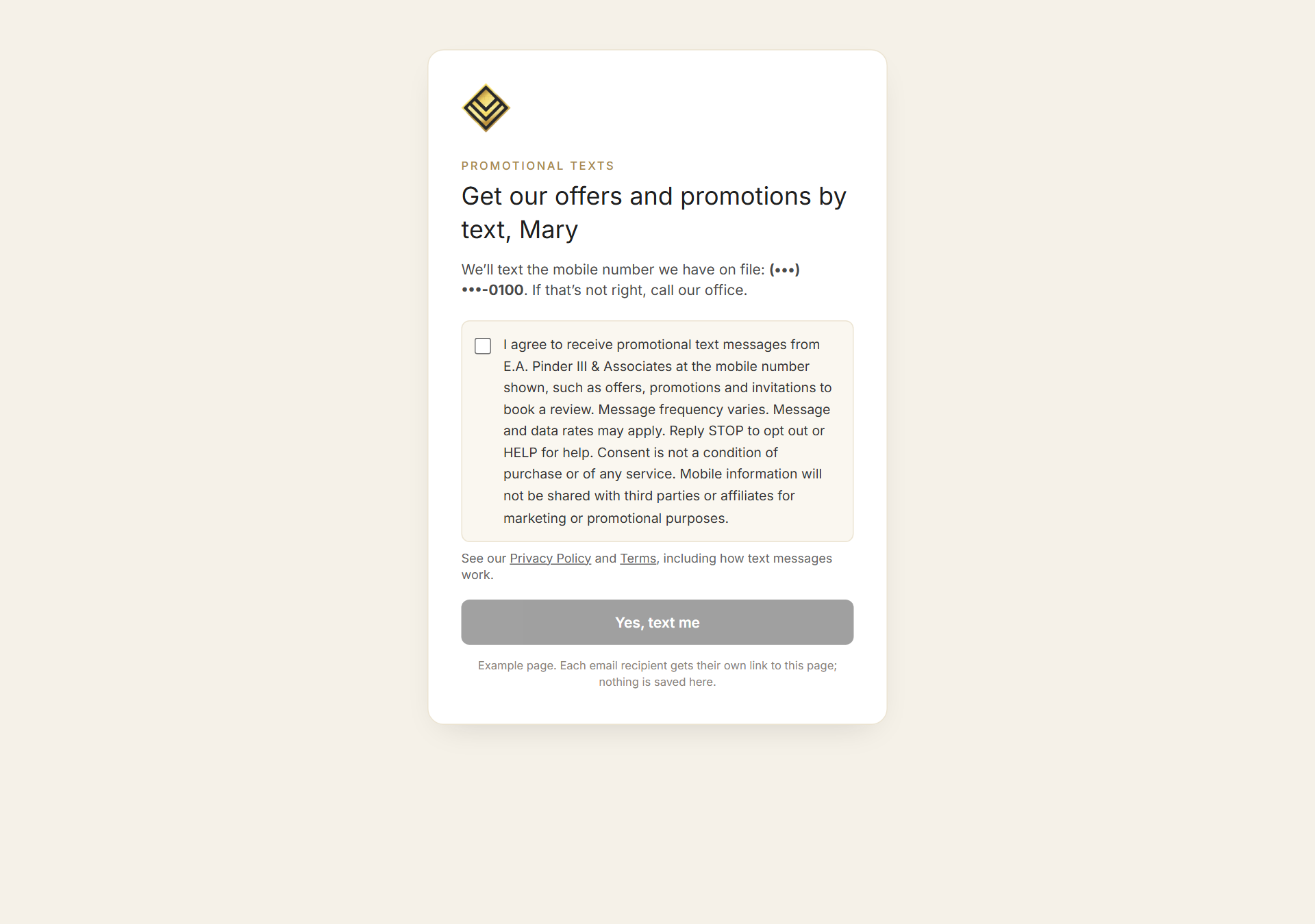 The personal promotional texts consent page linked from E.A. Pinder emails